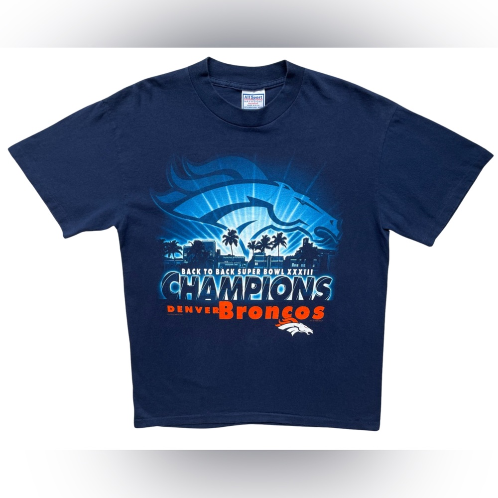 Mens All Sport Vintage 98’ Denver Broncos NFL Super Bowl Champs Blue Shirt Med